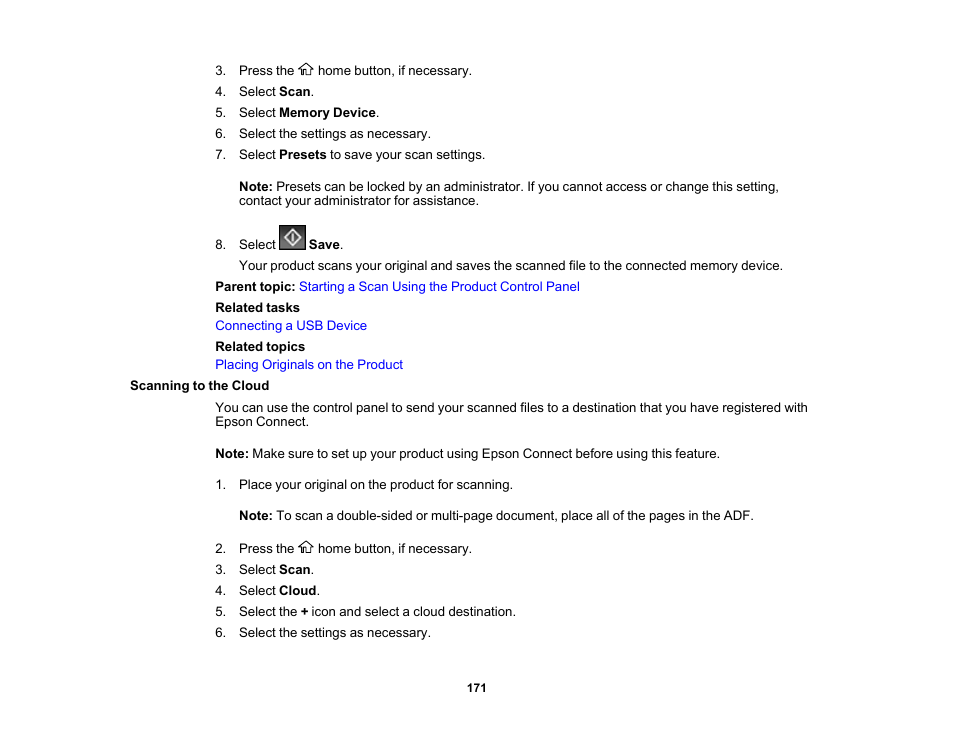 Scanning to the cloud | Epson WorkForce Pro WF-C5890 Wireless Color MFP Inkjet Printer User Manual | Page 171 / 426