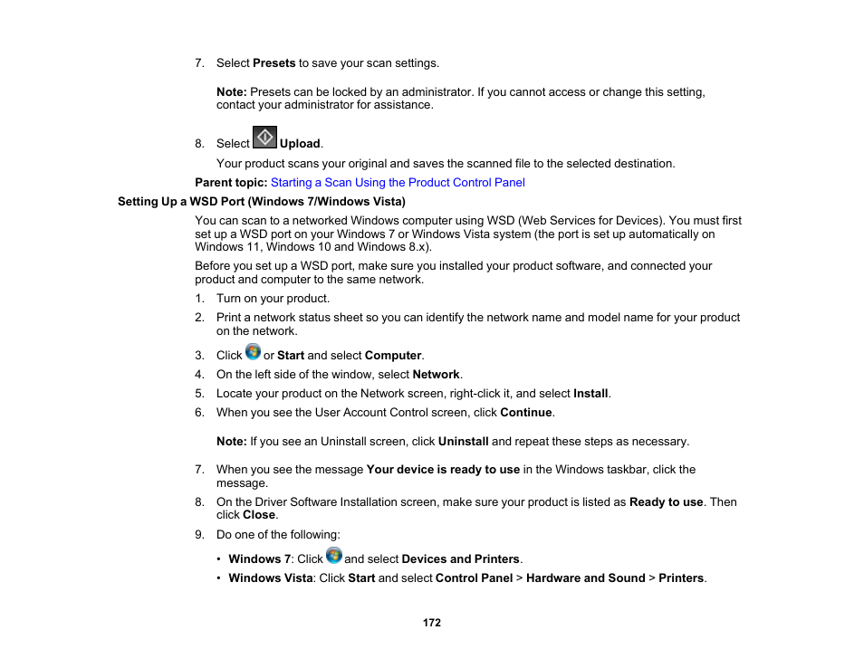 Setting up a wsd port (windows 7/windows vista) | Epson WorkForce Pro WF-C5890 Wireless Color MFP Inkjet Printer User Manual | Page 172 / 426