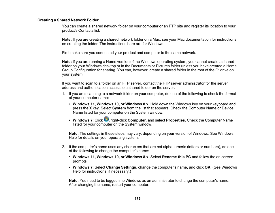 Creating a shared network folder | Epson WorkForce Pro WF-C5890 Wireless Color MFP Inkjet Printer User Manual | Page 175 / 426
