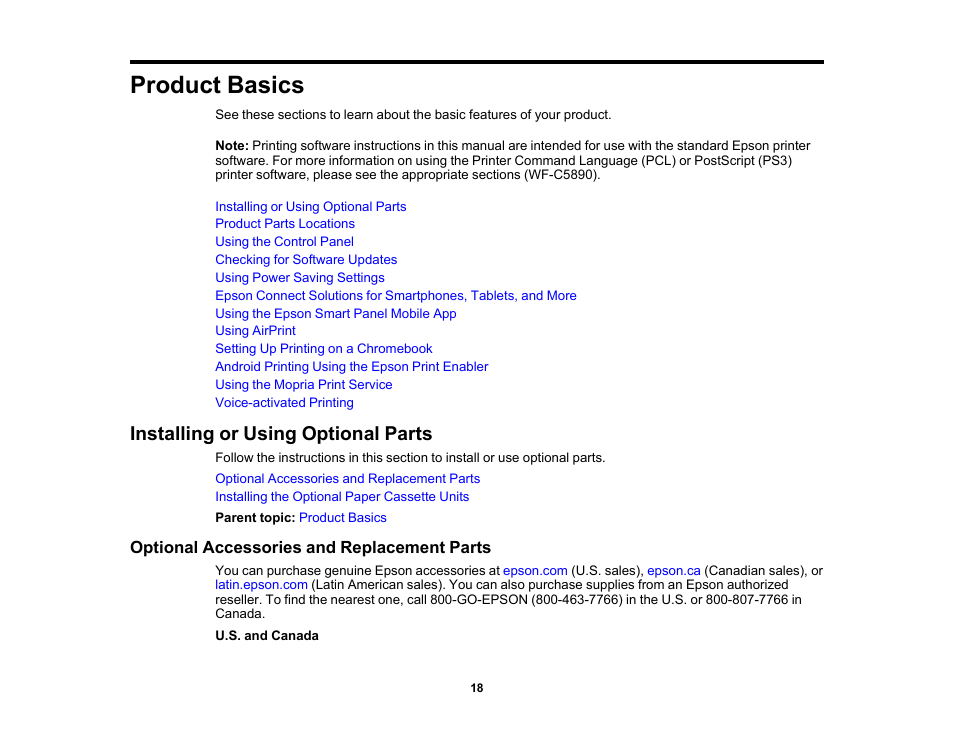 Product basics, Installing or using optional parts, Optional accessories and replacement parts | Epson WorkForce Pro WF-C5890 Wireless Color MFP Inkjet Printer User Manual | Page 18 / 426