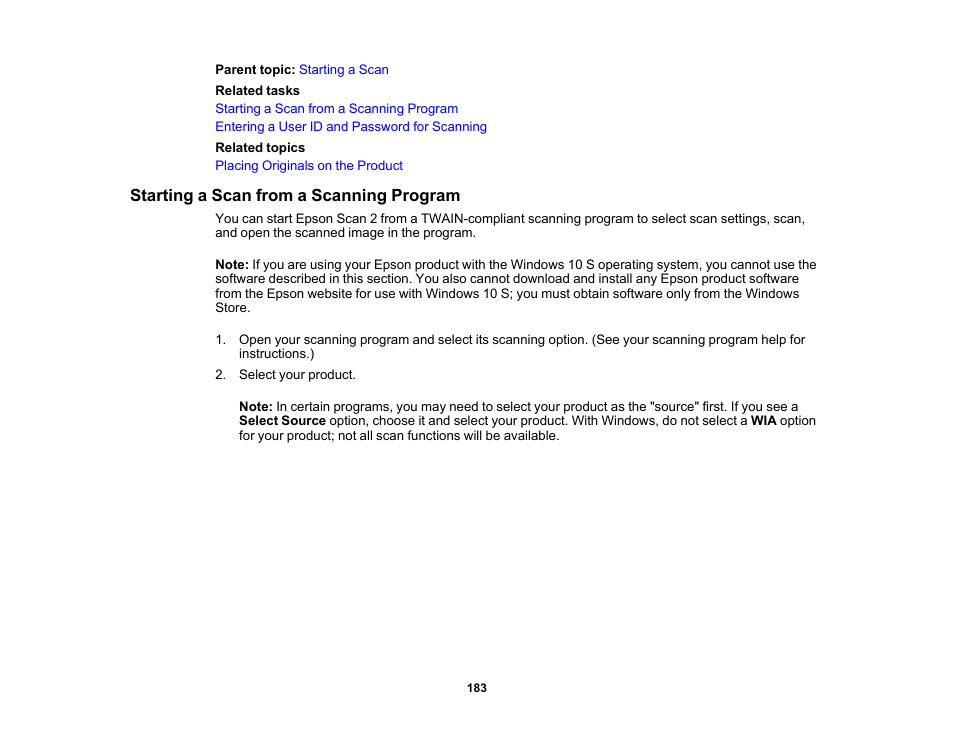 Starting a scan from a scanning program | Epson WorkForce Pro WF-C5890 Wireless Color MFP Inkjet Printer User Manual | Page 183 / 426