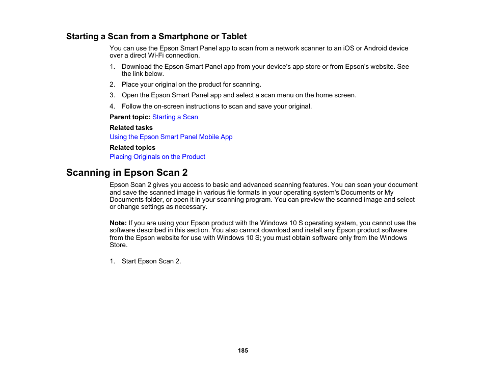 Starting a scan from a smartphone or tablet, Scanning in epson scan 2 | Epson WorkForce Pro WF-C5890 Wireless Color MFP Inkjet Printer User Manual | Page 185 / 426