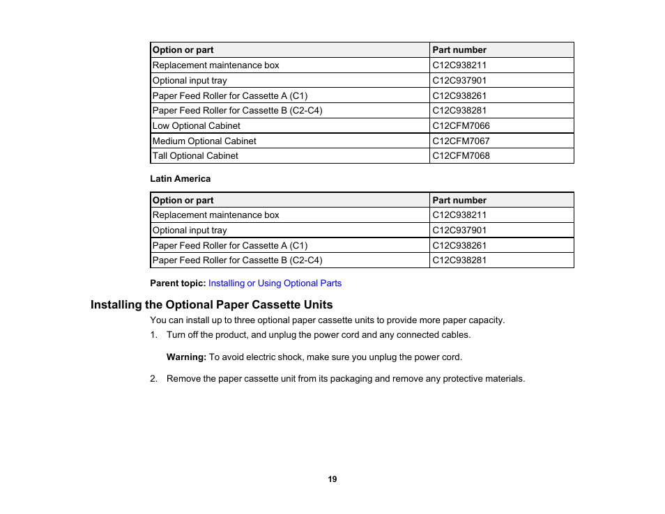 Installing the optional paper cassette units | Epson WorkForce Pro WF-C5890 Wireless Color MFP Inkjet Printer User Manual | Page 19 / 426