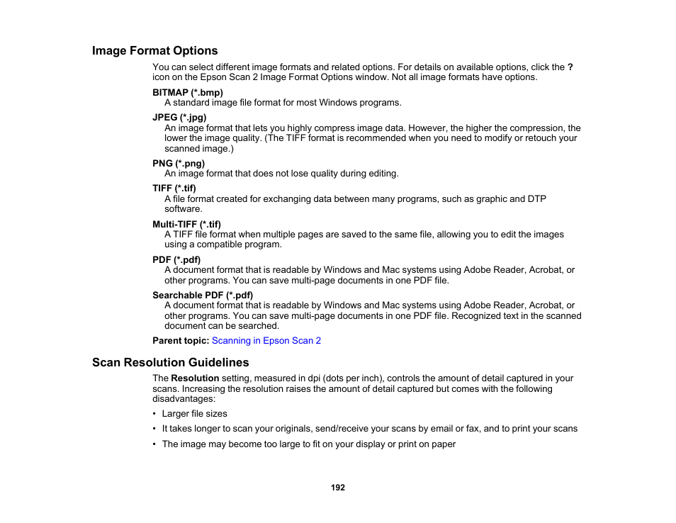 Image format options, Scan resolution guidelines, Image format options scan resolution guidelines | Epson WorkForce Pro WF-C5890 Wireless Color MFP Inkjet Printer User Manual | Page 192 / 426