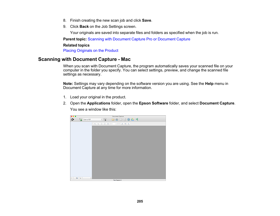 Scanning with document capture - mac | Epson WorkForce Pro WF-C5890 Wireless Color MFP Inkjet Printer User Manual | Page 205 / 426