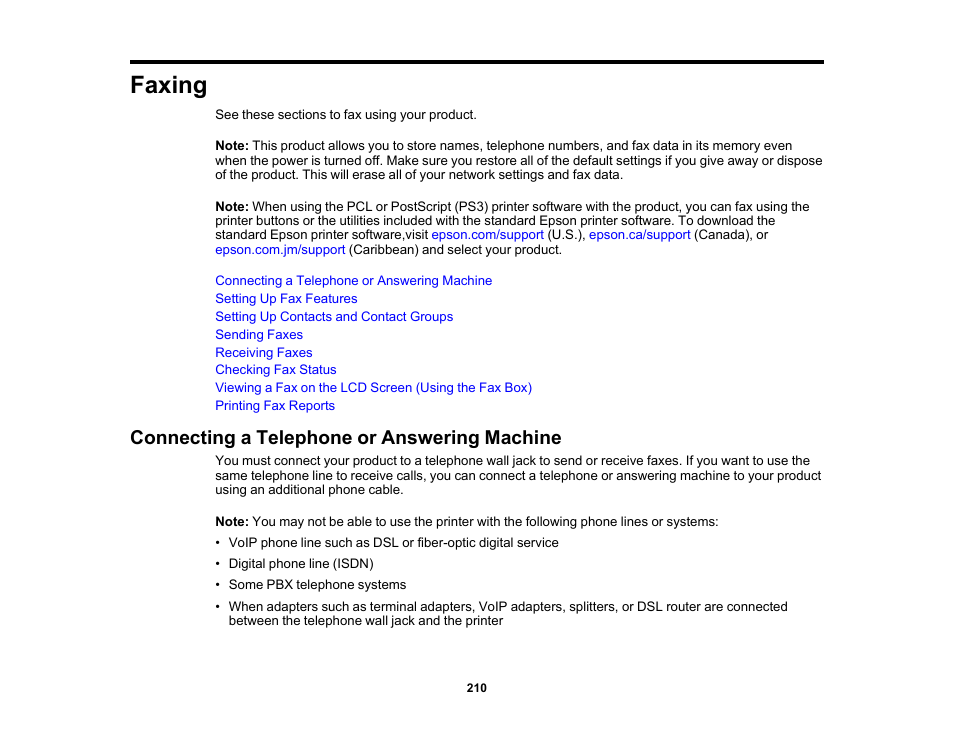Faxing, Connecting a telephone or answering machine | Epson WorkForce Pro WF-C5890 Wireless Color MFP Inkjet Printer User Manual | Page 210 / 426