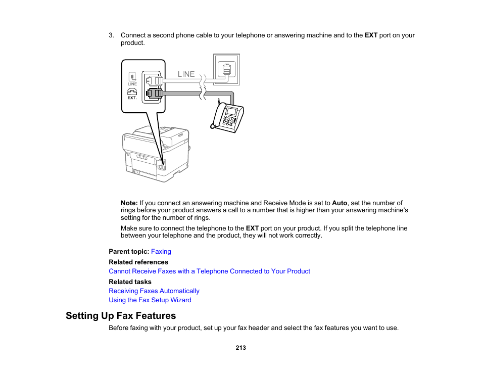 Setting up fax features | Epson WorkForce Pro WF-C5890 Wireless Color MFP Inkjet Printer User Manual | Page 213 / 426