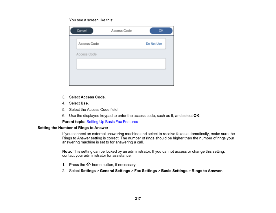 Setting the number of rings to answer | Epson WorkForce Pro WF-C5890 Wireless Color MFP Inkjet Printer User Manual | Page 217 / 426