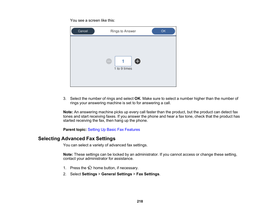 Selecting advanced fax settings | Epson WorkForce Pro WF-C5890 Wireless Color MFP Inkjet Printer User Manual | Page 218 / 426