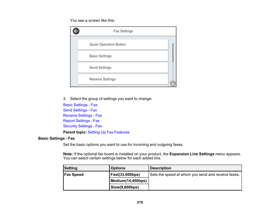 Basic settings - fax | Epson WorkForce Pro WF-C5890 Wireless Color MFP Inkjet Printer User Manual | Page 219 / 426