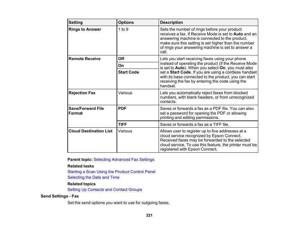 Send settings - fax | Epson WorkForce Pro WF-C5890 Wireless Color MFP Inkjet Printer User Manual | Page 221 / 426