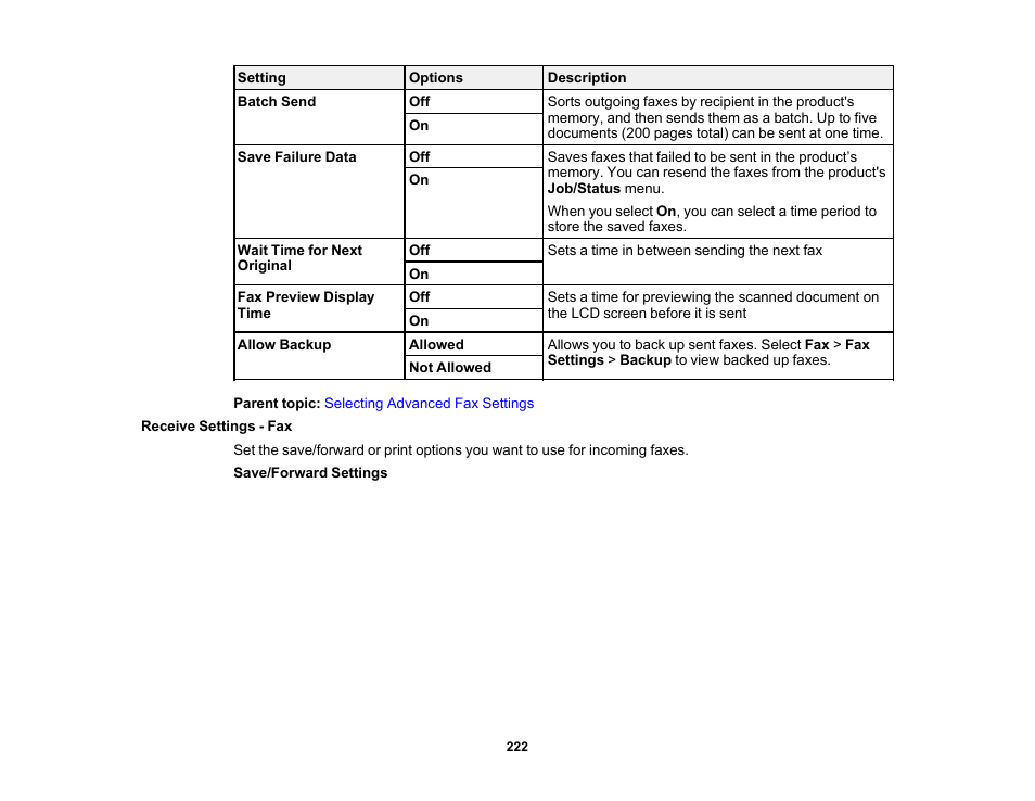 Receive settings - fax | Epson WorkForce Pro WF-C5890 Wireless Color MFP Inkjet Printer User Manual | Page 222 / 426