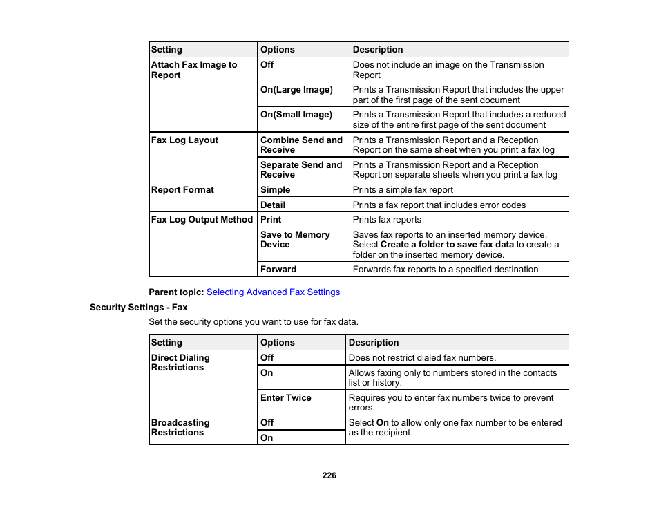 Security settings - fax | Epson WorkForce Pro WF-C5890 Wireless Color MFP Inkjet Printer User Manual | Page 226 / 426