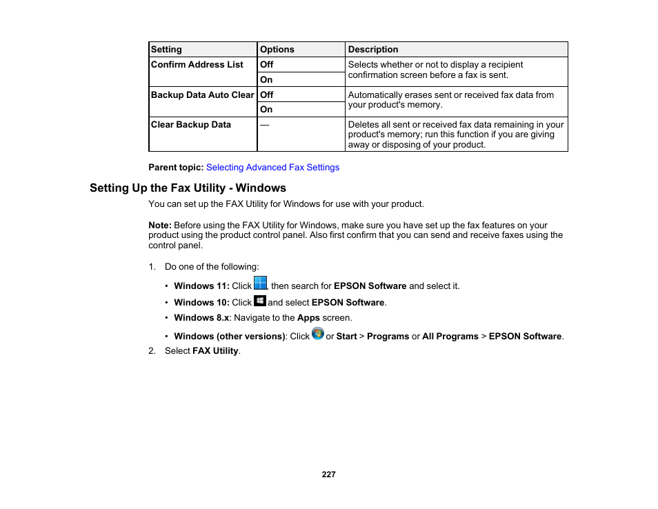 Setting up the fax utility - windows | Epson WorkForce Pro WF-C5890 Wireless Color MFP Inkjet Printer User Manual | Page 227 / 426