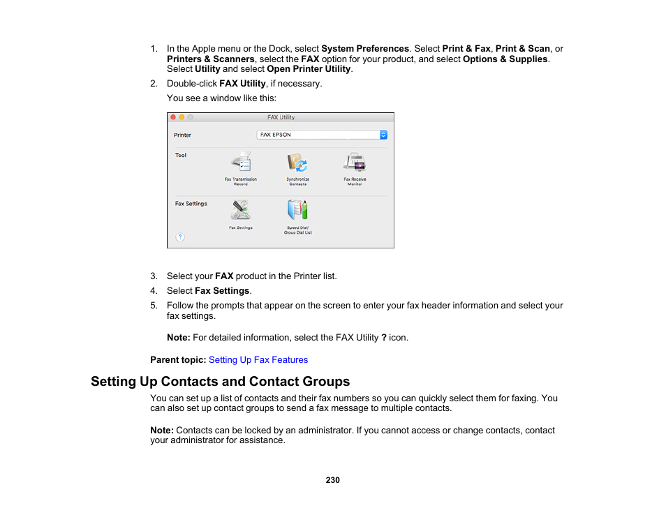 Setting up contacts and contact groups | Epson WorkForce Pro WF-C5890 Wireless Color MFP Inkjet Printer User Manual | Page 230 / 426