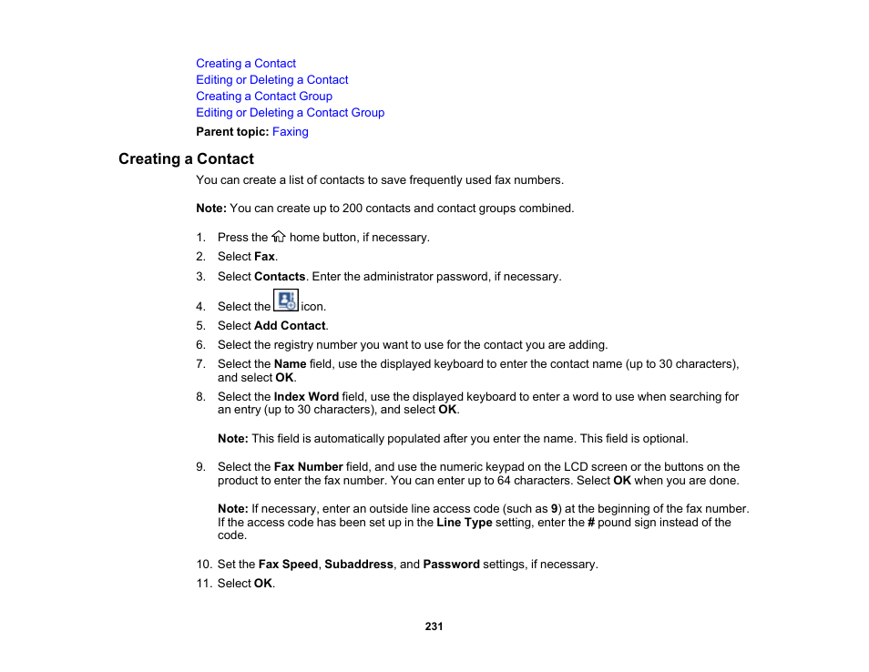 Creating a contact | Epson WorkForce Pro WF-C5890 Wireless Color MFP Inkjet Printer User Manual | Page 231 / 426