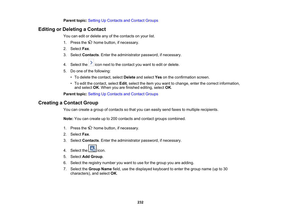 Editing or deleting a contact, Creating a contact group | Epson WorkForce Pro WF-C5890 Wireless Color MFP Inkjet Printer User Manual | Page 232 / 426