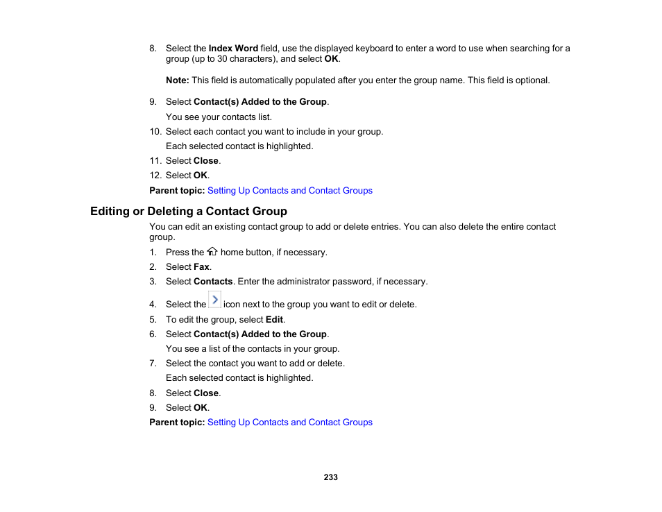 Editing or deleting a contact group | Epson WorkForce Pro WF-C5890 Wireless Color MFP Inkjet Printer User Manual | Page 233 / 426