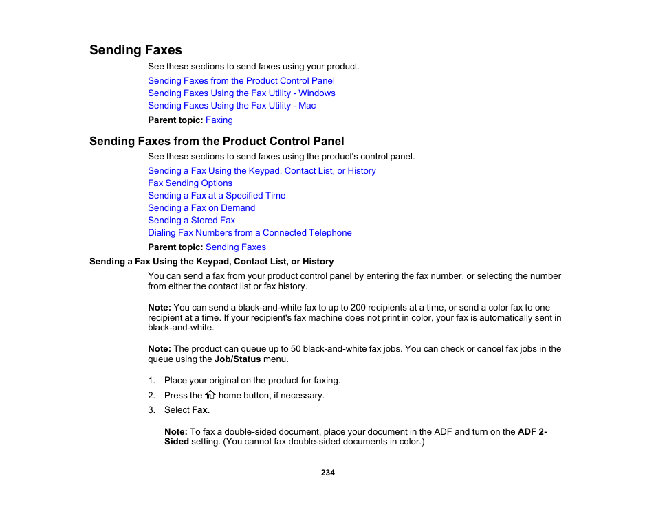 Sending faxes, Sending faxes from the product control panel | Epson WorkForce Pro WF-C5890 Wireless Color MFP Inkjet Printer User Manual | Page 234 / 426