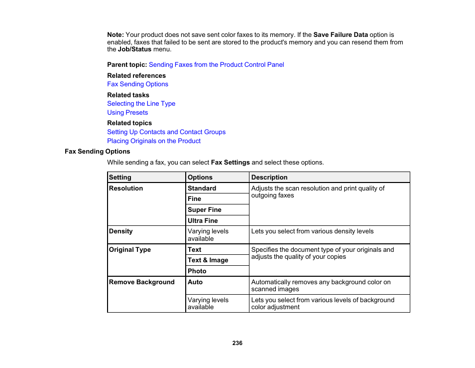 Fax sending options | Epson WorkForce Pro WF-C5890 Wireless Color MFP Inkjet Printer User Manual | Page 236 / 426