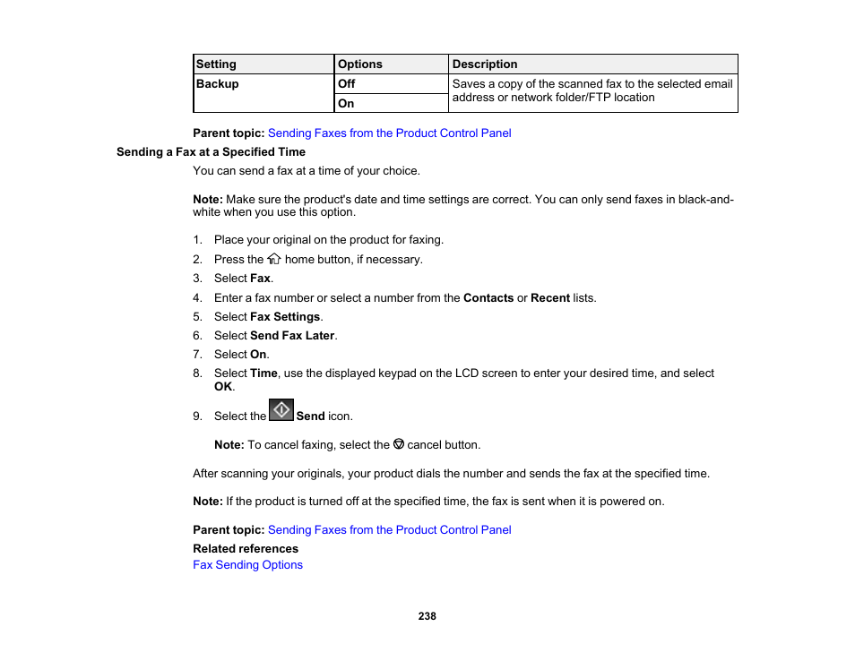 Sending a fax at a specified time | Epson WorkForce Pro WF-C5890 Wireless Color MFP Inkjet Printer User Manual | Page 238 / 426