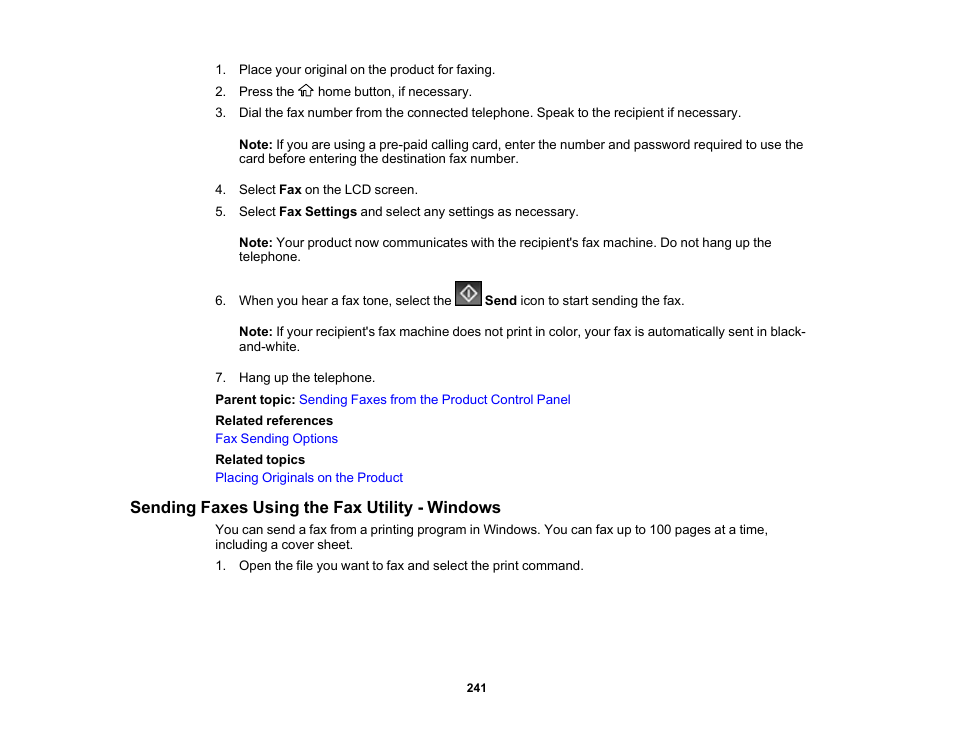 Sending faxes using the fax utility - windows | Epson WorkForce Pro WF-C5890 Wireless Color MFP Inkjet Printer User Manual | Page 241 / 426