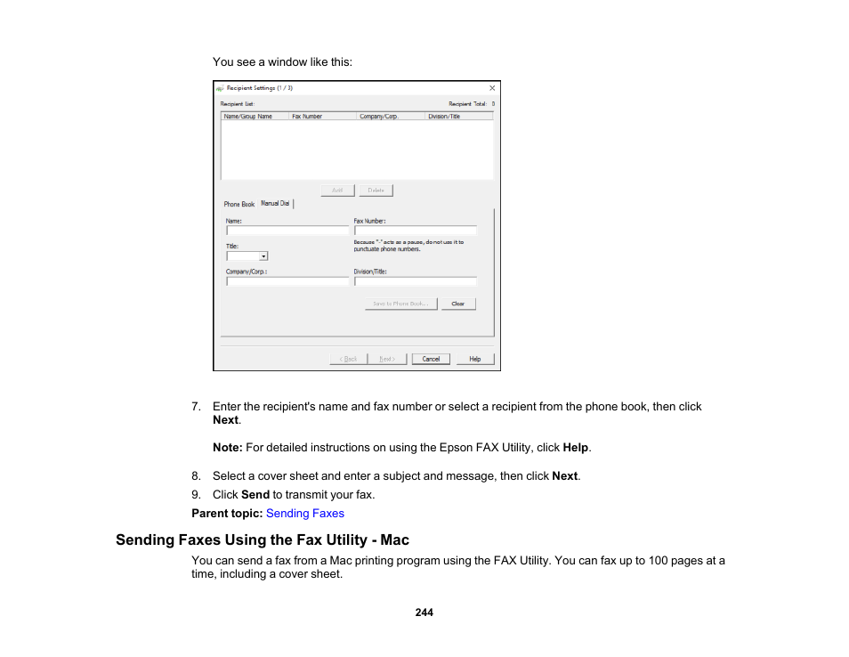 Sending faxes using the fax utility - mac | Epson WorkForce Pro WF-C5890 Wireless Color MFP Inkjet Printer User Manual | Page 244 / 426