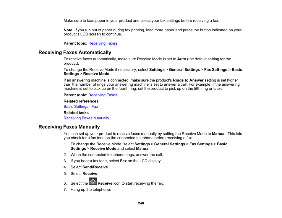 Receiving faxes automatically, Receiving faxes manually | Epson WorkForce Pro WF-C5890 Wireless Color MFP Inkjet Printer User Manual | Page 248 / 426