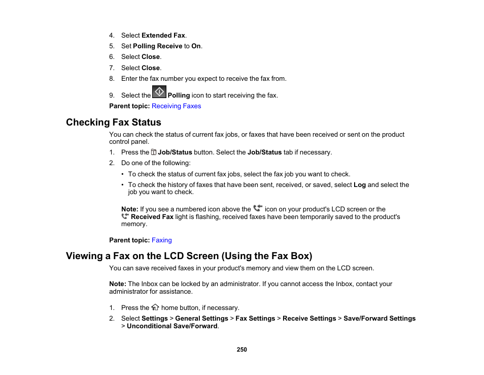 Checking fax status | Epson WorkForce Pro WF-C5890 Wireless Color MFP Inkjet Printer User Manual | Page 250 / 426