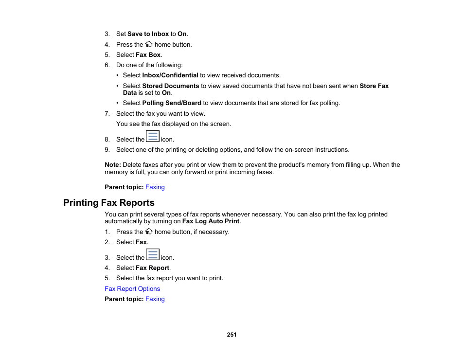 Printing fax reports | Epson WorkForce Pro WF-C5890 Wireless Color MFP Inkjet Printer User Manual | Page 251 / 426