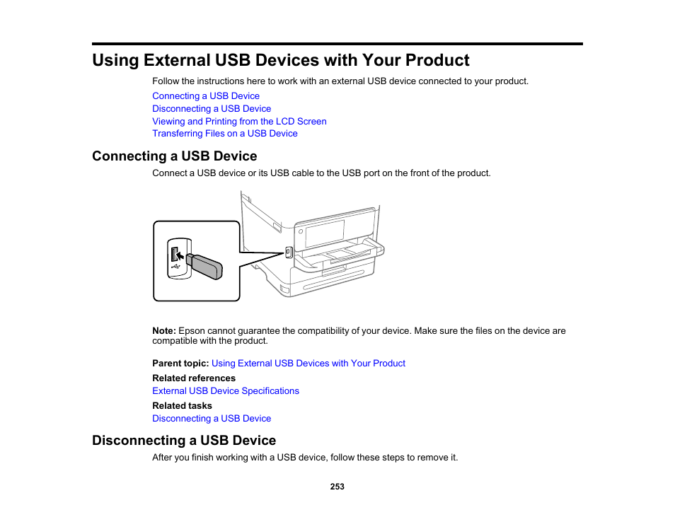 Using external usb devices with your product, Connecting a usb device, Disconnecting a usb device | Connecting a usb device disconnecting a usb device | Epson WorkForce Pro WF-C5890 Wireless Color MFP Inkjet Printer User Manual | Page 253 / 426
