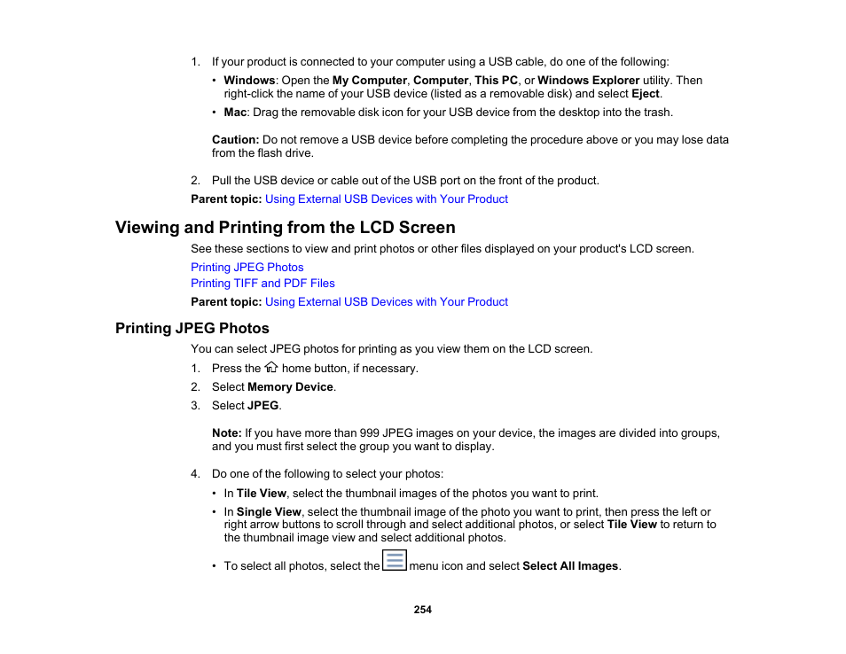 Viewing and printing from the lcd screen, Printing jpeg photos | Epson WorkForce Pro WF-C5890 Wireless Color MFP Inkjet Printer User Manual | Page 254 / 426