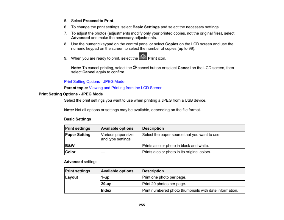 Print setting options - jpeg mode | Epson WorkForce Pro WF-C5890 Wireless Color MFP Inkjet Printer User Manual | Page 255 / 426