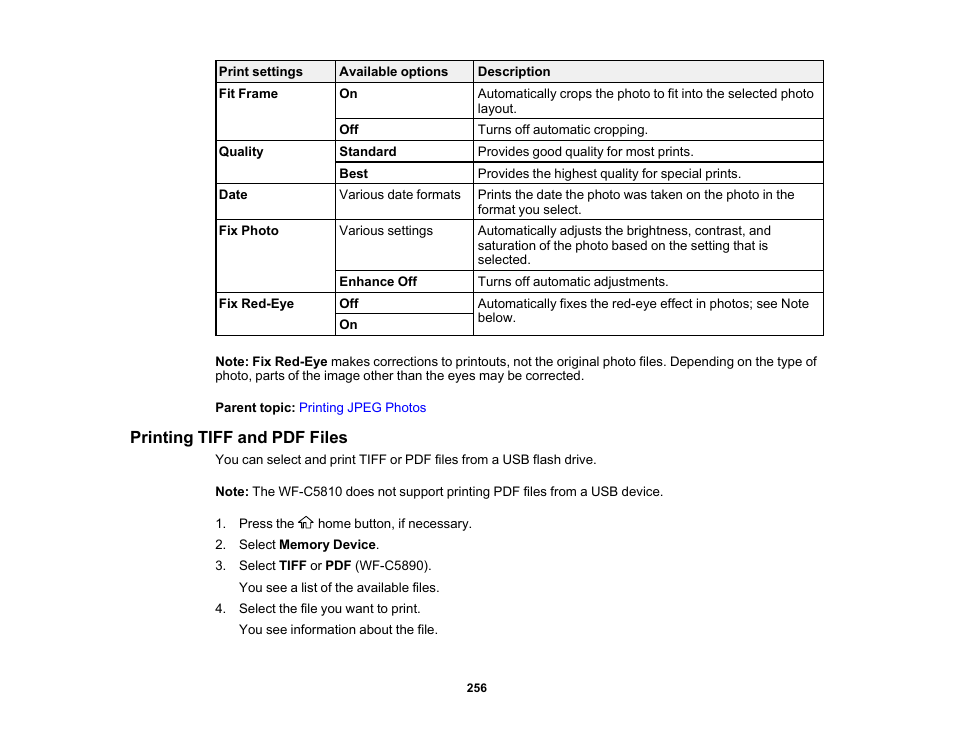 Printing tiff and pdf files | Epson WorkForce Pro WF-C5890 Wireless Color MFP Inkjet Printer User Manual | Page 256 / 426