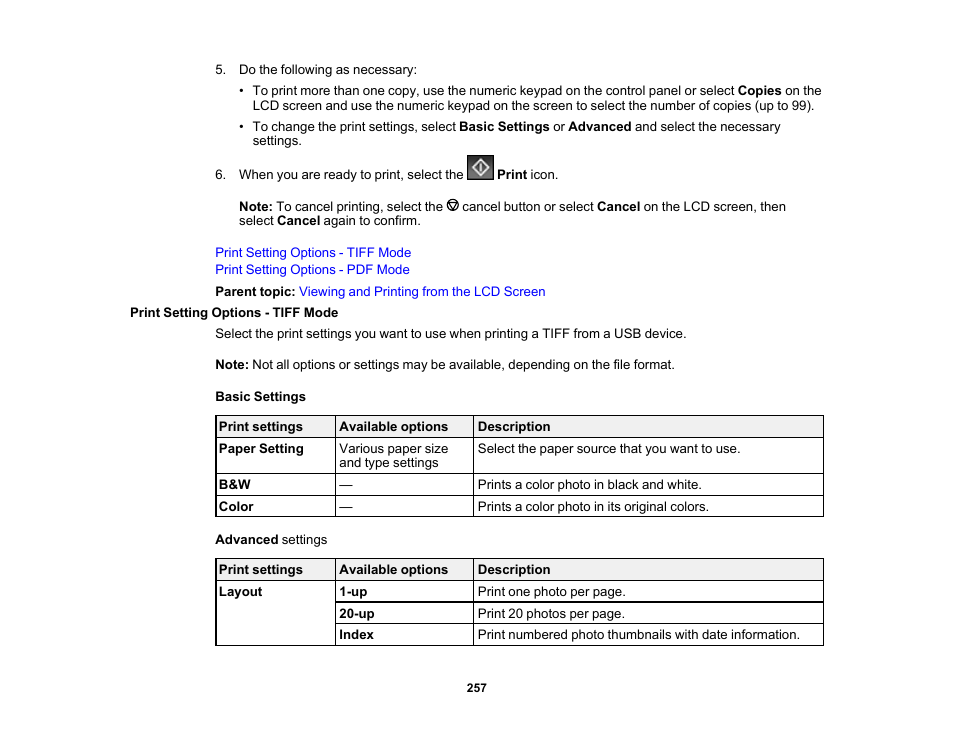 Print setting options - tiff mode | Epson WorkForce Pro WF-C5890 Wireless Color MFP Inkjet Printer User Manual | Page 257 / 426