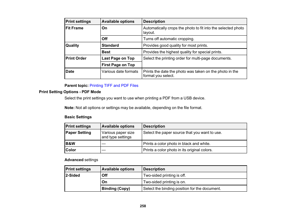 Print setting options - pdf mode | Epson WorkForce Pro WF-C5890 Wireless Color MFP Inkjet Printer User Manual | Page 258 / 426