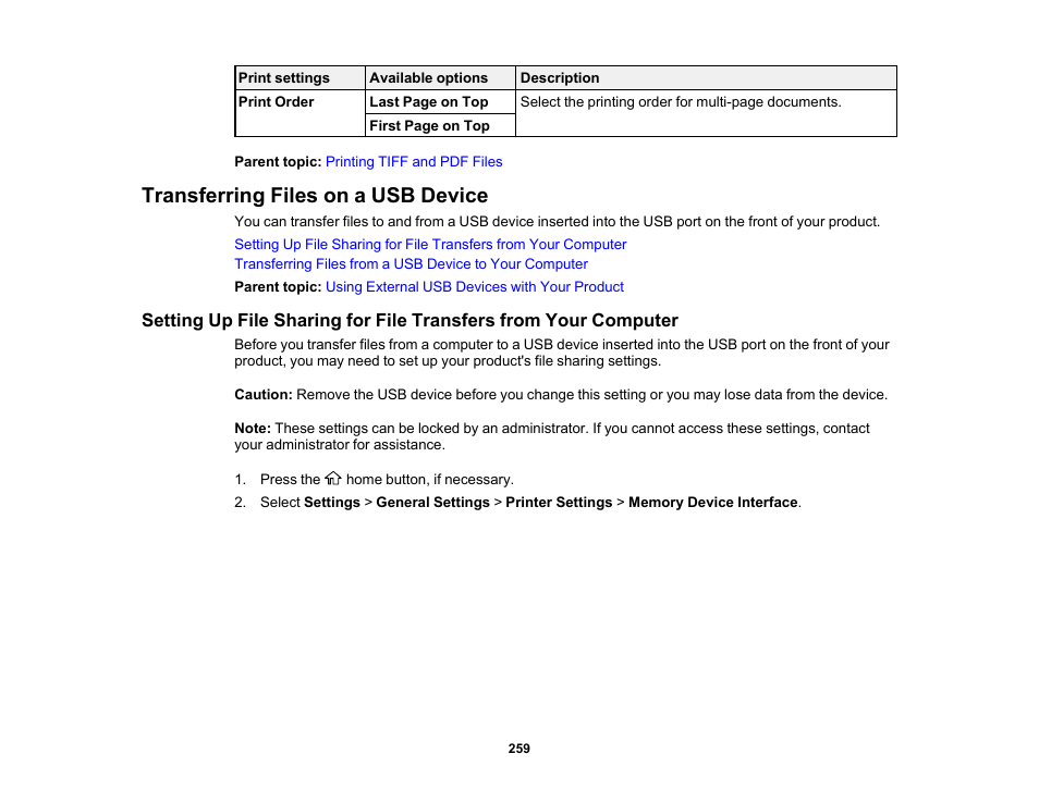 Transferring files on a usb device | Epson WorkForce Pro WF-C5890 Wireless Color MFP Inkjet Printer User Manual | Page 259 / 426