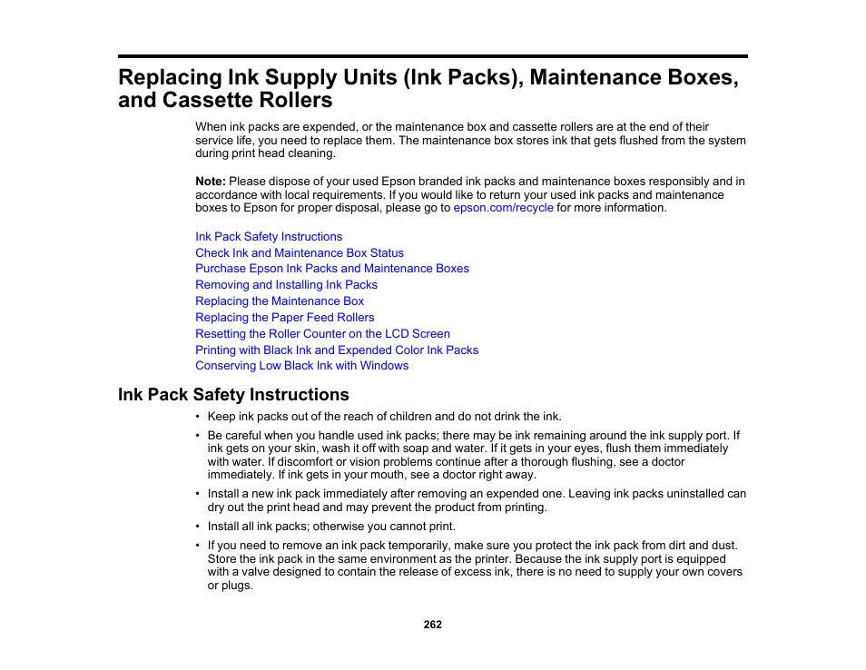 Ink pack safety instructions | Epson WorkForce Pro WF-C5890 Wireless Color MFP Inkjet Printer User Manual | Page 262 / 426