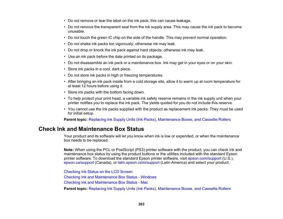 Check ink and maintenance box status | Epson WorkForce Pro WF-C5890 Wireless Color MFP Inkjet Printer User Manual | Page 263 / 426