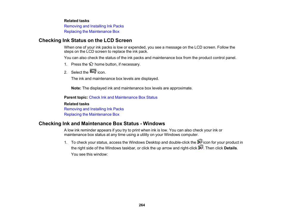 Checking ink status on the lcd screen, Checking ink and maintenance box status - windows | Epson WorkForce Pro WF-C5890 Wireless Color MFP Inkjet Printer User Manual | Page 264 / 426