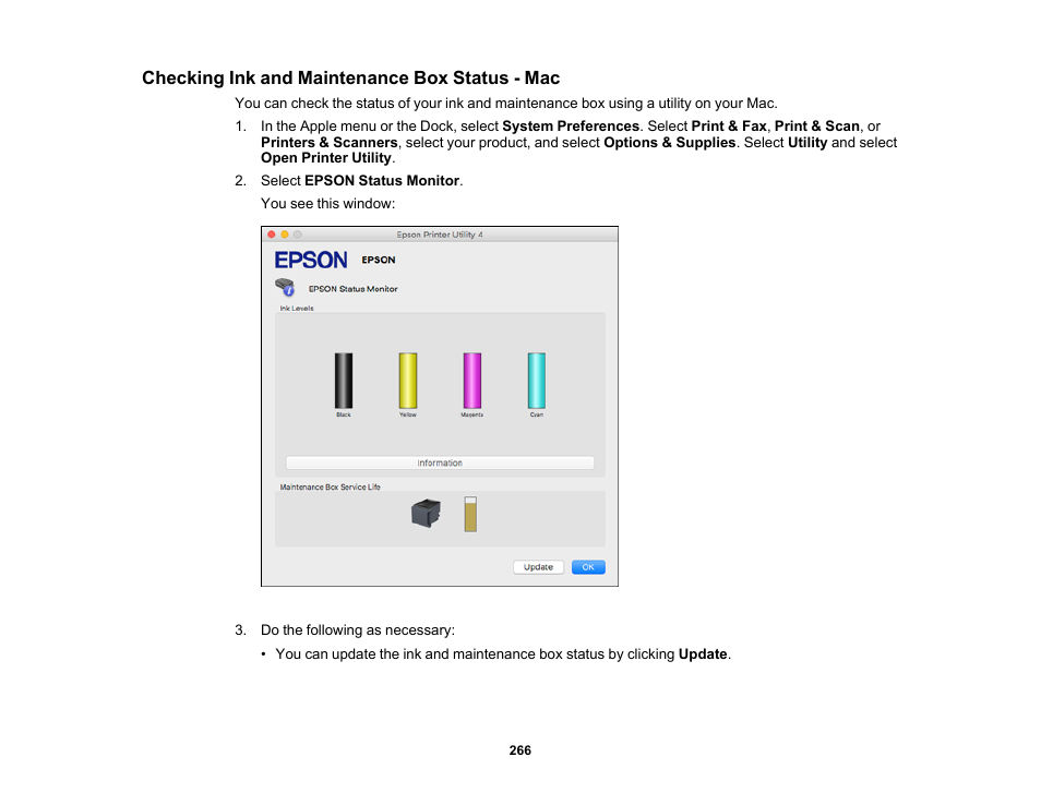 Checking ink and maintenance box status - mac | Epson WorkForce Pro WF-C5890 Wireless Color MFP Inkjet Printer User Manual | Page 266 / 426