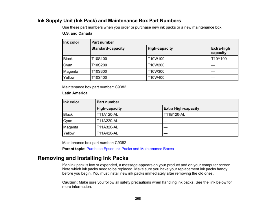 Removing and installing ink packs | Epson WorkForce Pro WF-C5890 Wireless Color MFP Inkjet Printer User Manual | Page 268 / 426