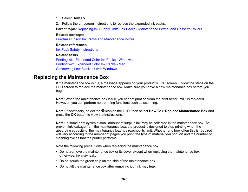 Replacing the maintenance box | Epson WorkForce Pro WF-C5890 Wireless Color MFP Inkjet Printer User Manual | Page 269 / 426