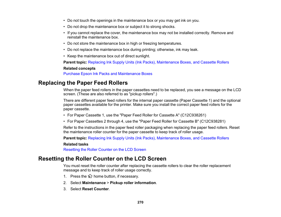 Replacing the paper feed rollers, Resetting the roller counter on the lcd screen | Epson WorkForce Pro WF-C5890 Wireless Color MFP Inkjet Printer User Manual | Page 270 / 426