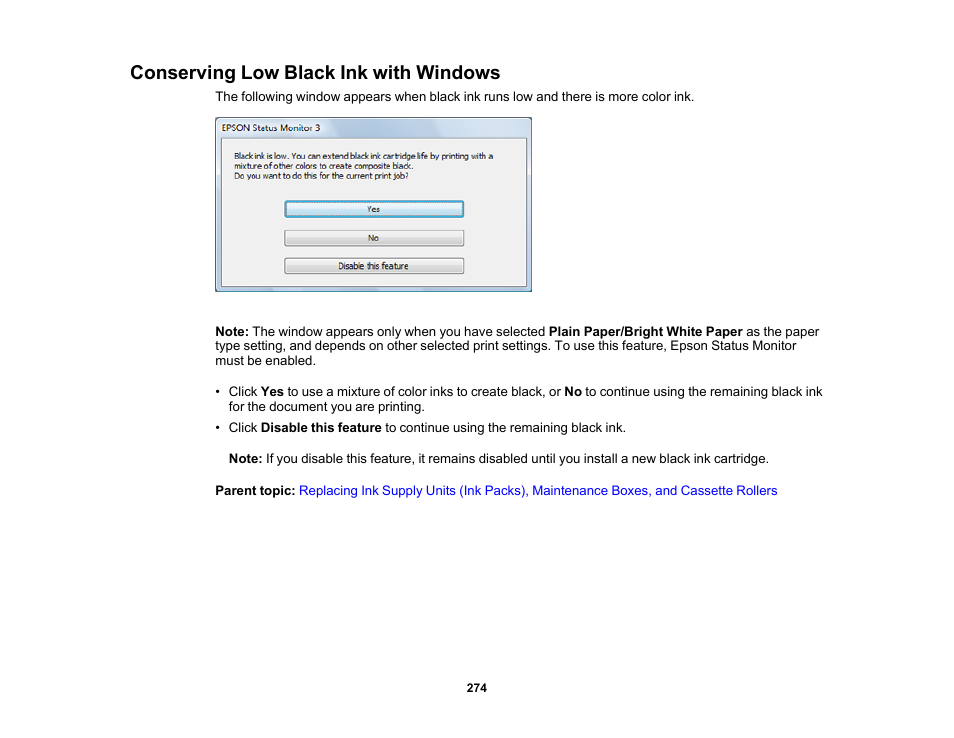Conserving low black ink with windows | Epson WorkForce Pro WF-C5890 Wireless Color MFP Inkjet Printer User Manual | Page 274 / 426