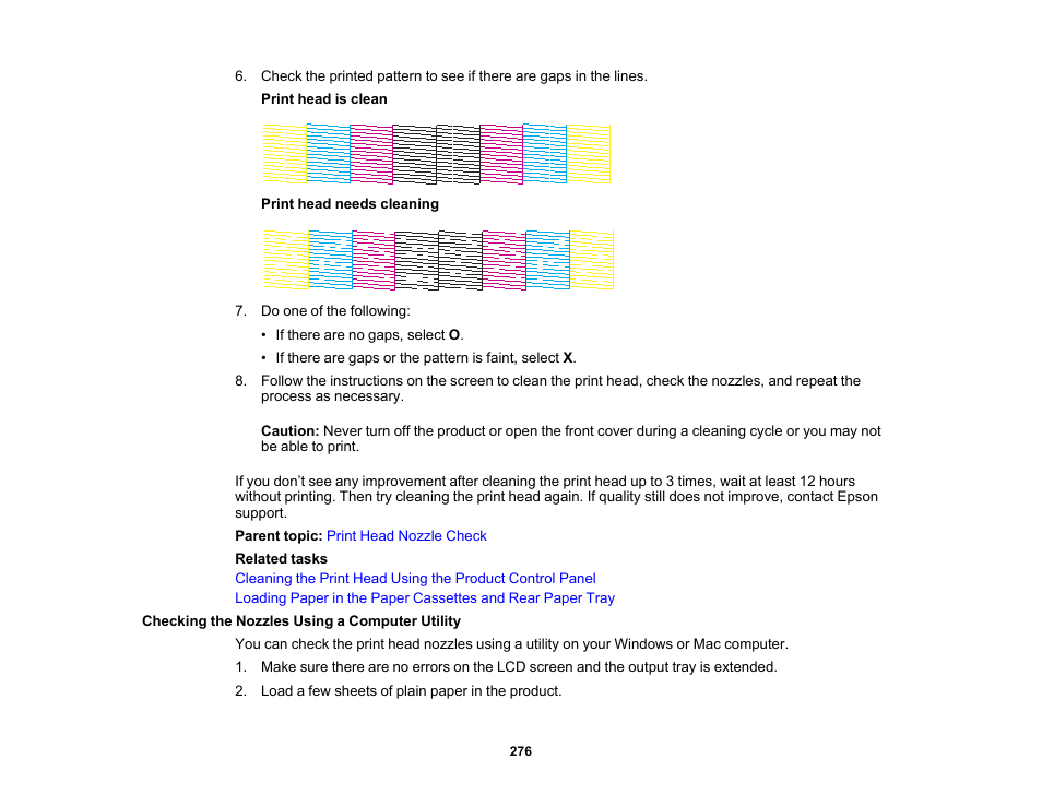 Checking the nozzles using a computer utility | Epson WorkForce Pro WF-C5890 Wireless Color MFP Inkjet Printer User Manual | Page 276 / 426