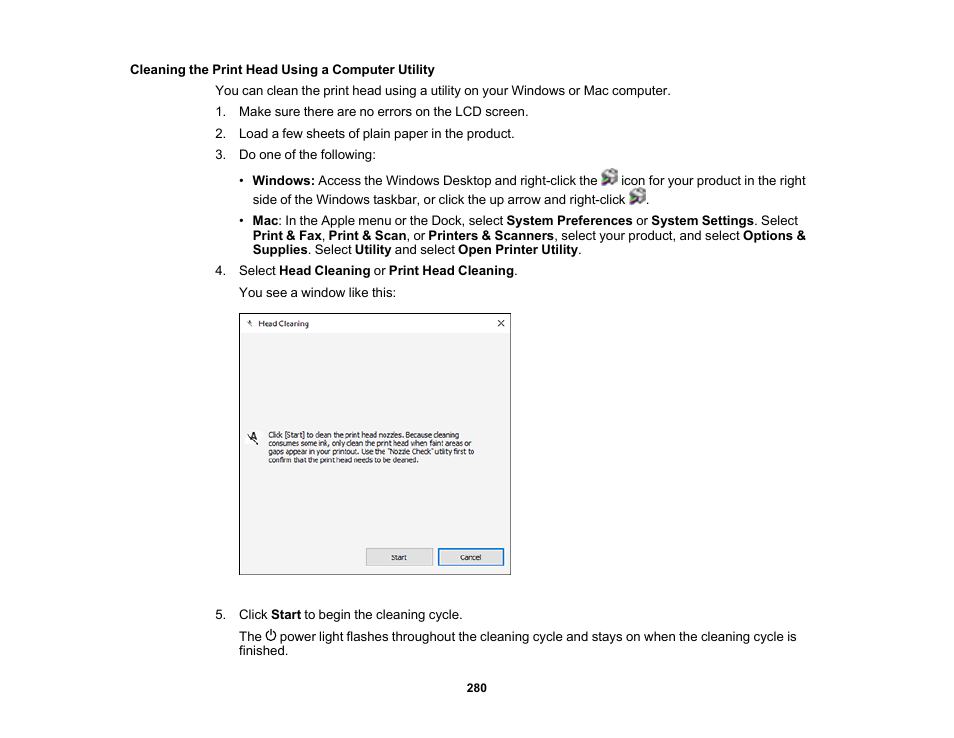 Cleaning the print head using a computer utility | Epson WorkForce Pro WF-C5890 Wireless Color MFP Inkjet Printer User Manual | Page 280 / 426