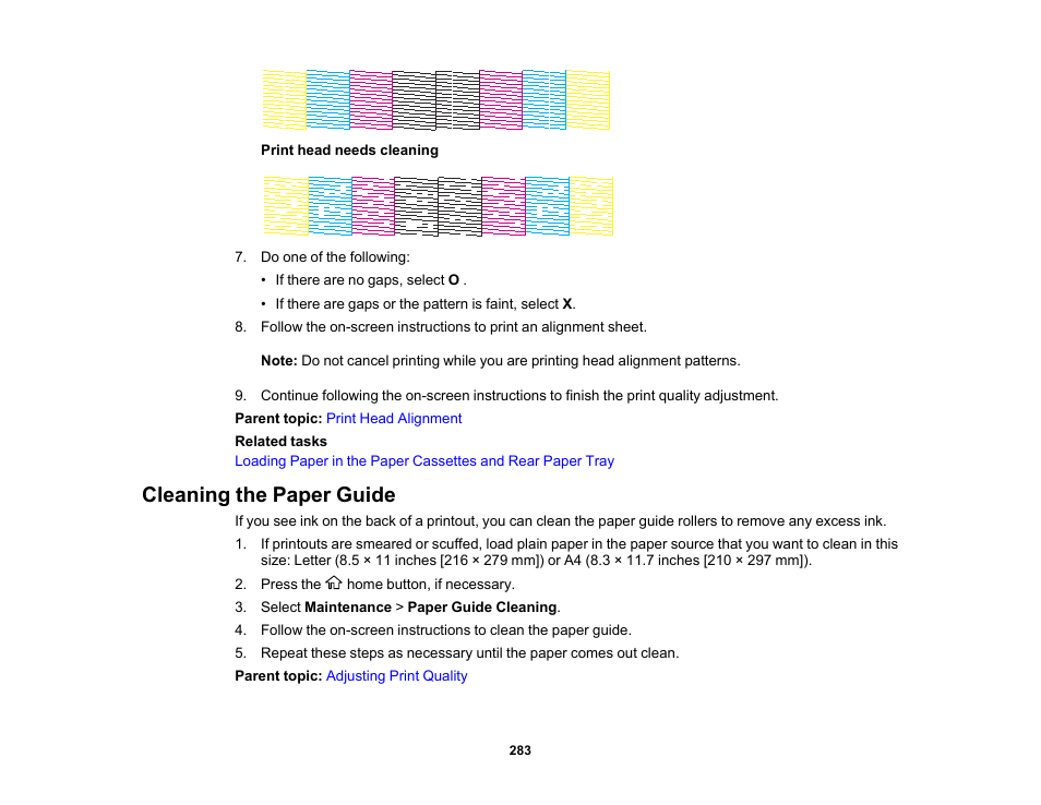Cleaning the paper guide | Epson WorkForce Pro WF-C5890 Wireless Color MFP Inkjet Printer User Manual | Page 283 / 426
