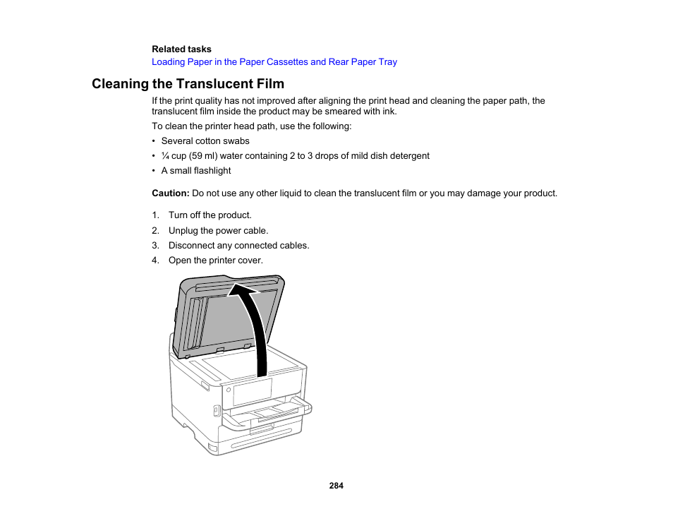 Cleaning the translucent film | Epson WorkForce Pro WF-C5890 Wireless Color MFP Inkjet Printer User Manual | Page 284 / 426