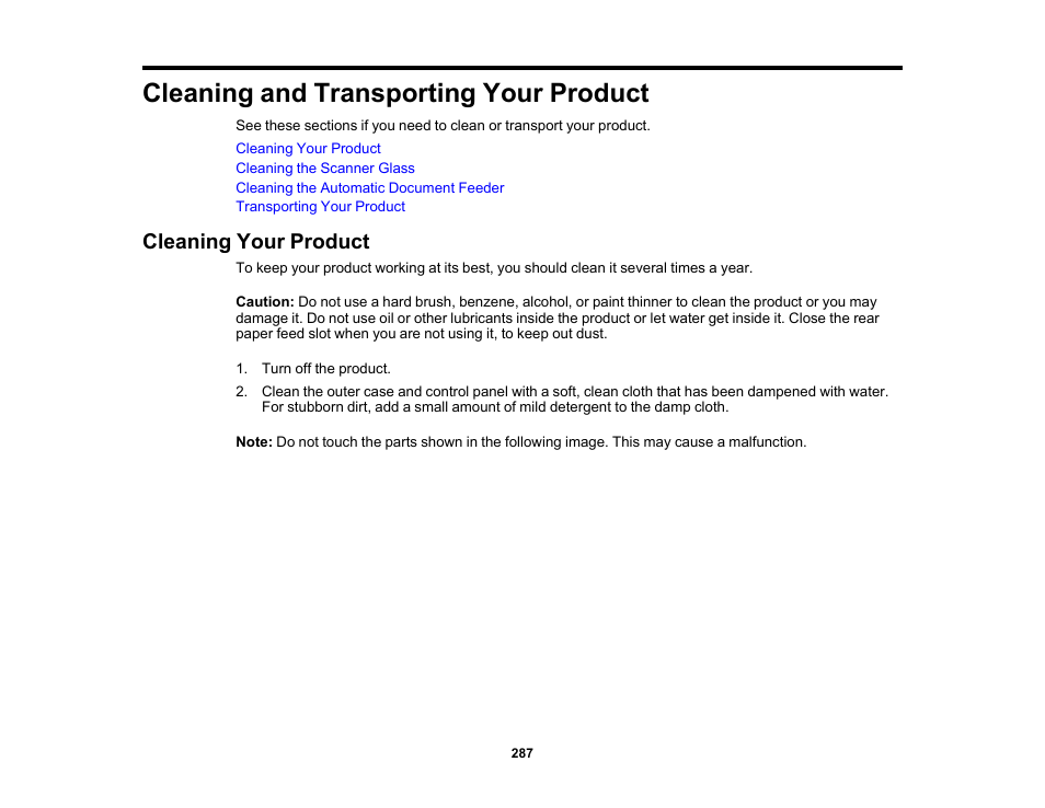 Cleaning and transporting your product, Cleaning your product | Epson WorkForce Pro WF-C5890 Wireless Color MFP Inkjet Printer User Manual | Page 287 / 426